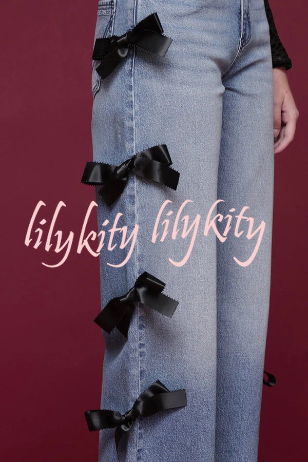 Runway Muse Denim High Rise Bow Trim Pocketed Wide Leg Jeans
