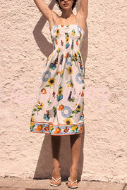 Summer Fruit Print Sling Pleated Vacation Midi Dress