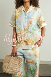 Unique Printed Lapel Short Sleeve Loose Shirt and Elastic Waist Casual Pocket Vacation Pants Set