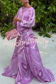 Anzio Satin Unique Print Cape Top and High Rise Elastic Waist A-line Maxi Skirt Set