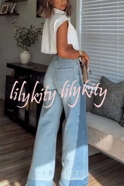 Ellison Denim Side Colorblock High Rise Pocket Wide Leg Jeans