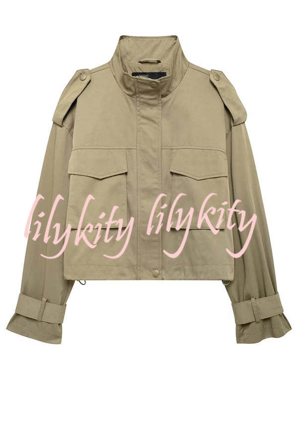 Classic Charm Strap Details Pocketed Cargo Style Zipper Loose Jacket