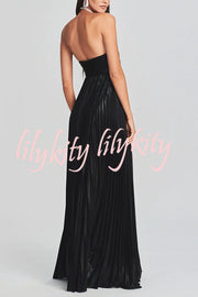Metallic Sexy Tube Top Pleated High Slit Maxi Dress