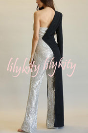 Fashionable Sequined Patchwork One-sided Long-sleeved Asymmetrical Jumpsuit