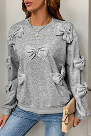 Solid Color Bow Embellished Casual Long-sleeved Loose Sweatshirt