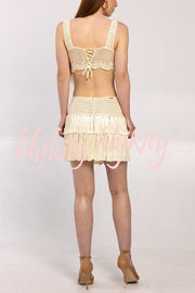 Resort Style Solid Knit Camisole Top and Fringed Cutout Mini Skirt Set