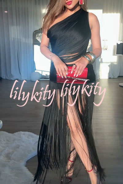 Dancing Miracle One Shoulder High Waist Hollow Design Tassel Hem Drape Mini Dress