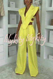 Fashion Style Lapel Waist-baring Irregular Vest and  Elastic Waist Pocket Loose Pants Set