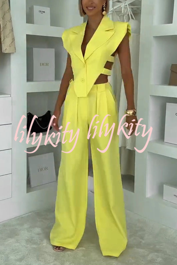 Fashion Style Lapel Waist-baring Irregular Vest and  Elastic Waist Pocket Loose Pants Set