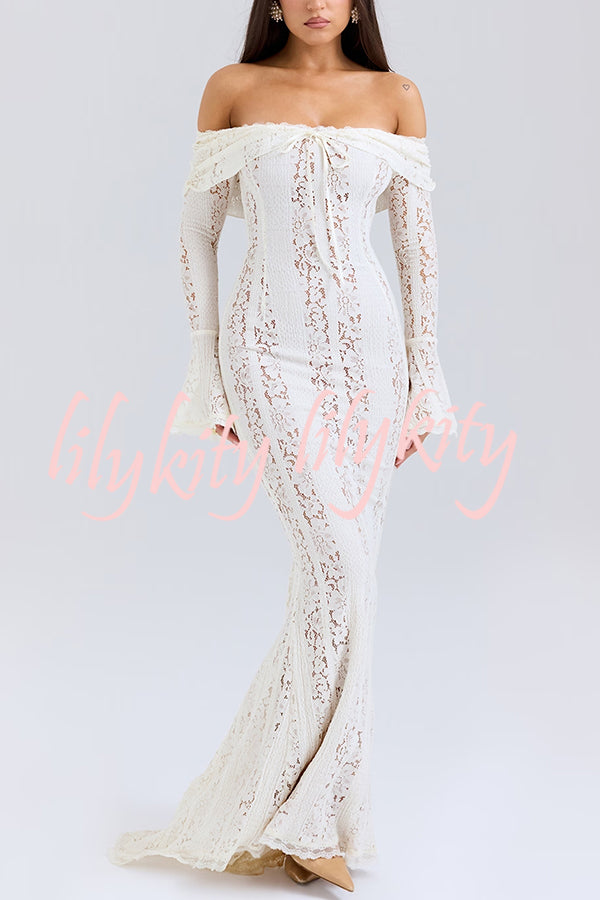 Outline The Curve Floral Lace Off Shoulder Bell Sleeve Stretch Maxi Dress