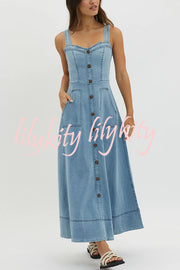 Solid Color Suspender Pocket Button Slim Denim Midi Dress