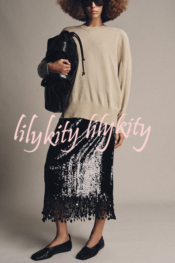 City Queen Sequin Tassel Round Pieces High Rise Back Zipper Midi Skirt