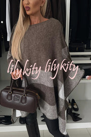 Calm and Elegant Knit Plaid Color Block Batwing Sleeve Loose Poncho