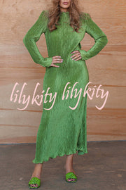 Hansin Satin Pleated Fabric Long Sleeve Wavy Trim H-line Slit Midi Dress