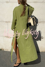 Linen Blend Solid Color Casual Lapel Tie Loose Maxi Dress