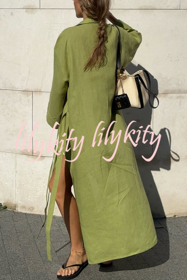 Linen Blend Solid Color Casual Lapel Tie Loose Maxi Dress