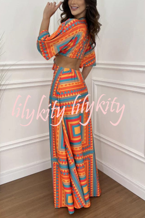 Wilma Unique Print Cutout Elastic Waist Tie-up Kimono Sleeve Maxi Dress