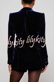 Bold Modern Velvet Contrast Satin Lapel Blazer and High Rise Pocket Shorts Set