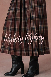 Yehudit Plaid Belt Buckle Design High Rise Pocket Midi Umbrella Skirt