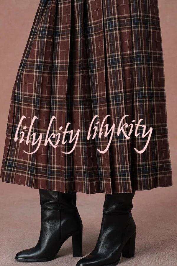 Yehudit Plaid Belt Buckle Design High Rise Pocket Midi Umbrella Skirt