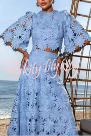 Elegant Embroidered Hollow Flowers Bell Sleeve Top and Full Hem Maxi Skirt Set