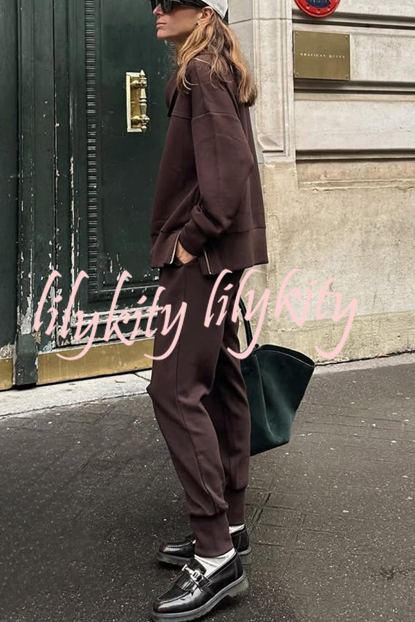 Afternoon Tea Time Turtleneck Side Zipper Sweatshirt and Elastic Waist Pocketed Loose Jogger Set