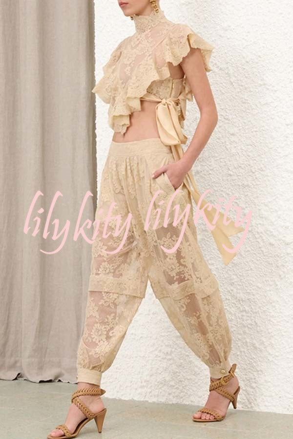 Salenia Lace Appliqué High Neck Side Tie-up Ruffle Cropped Top