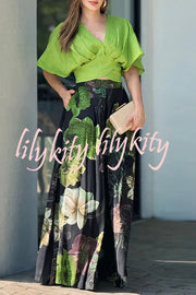 Stylish V-neck Loose Crop Top and Floral Print Pocket Maxi Skirt Set