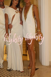 Cocktail Charm Sequin Colorblock Trim V-neck Sleeveless A-line Mini Dress