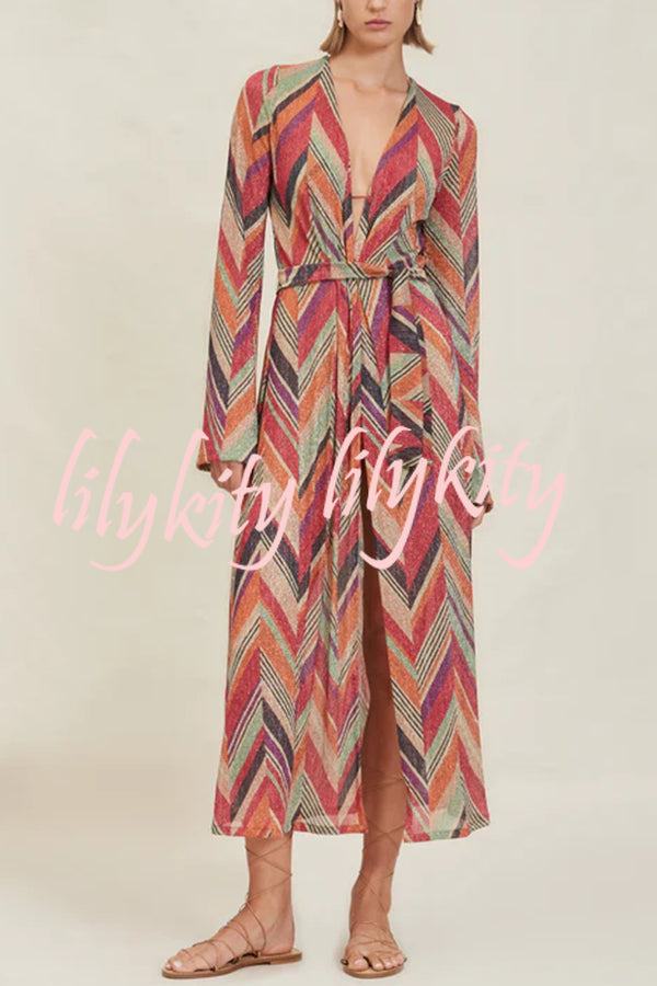 Gypsy Girl Triangle Pattern Tie-up Long Sleeve Midi Cover-up Robe