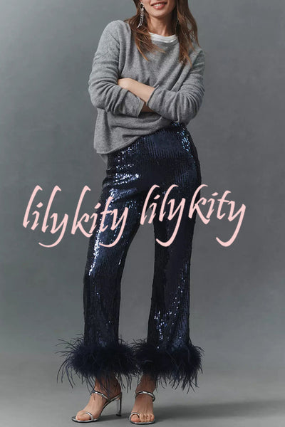 New Year Eve Sequin Feather Trim High Rise Back Zipper Flare Pants