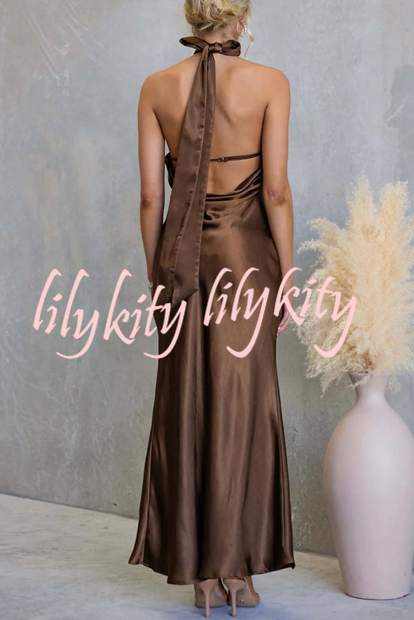 Satin Fashion Halter Backless Slim Elegant Maxi Dress