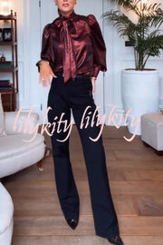 Ariella Metallic Satin Fabric Tie-up Bow Neck Long Sleeve Blouse