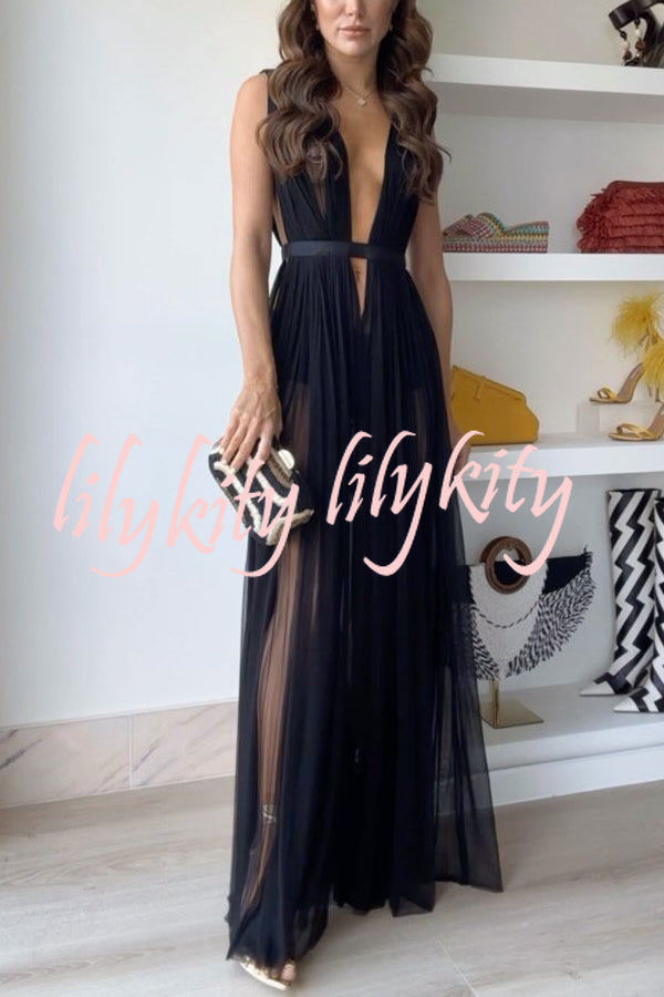 Sexy Muse Semi-sheer Tulle Fabric Fixed Back Tie-up Maxi Dress