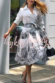 Jiles Linen Blend Unique Contrast Print Long Sleeve Tie-up Pocket Shirt Midi Dress