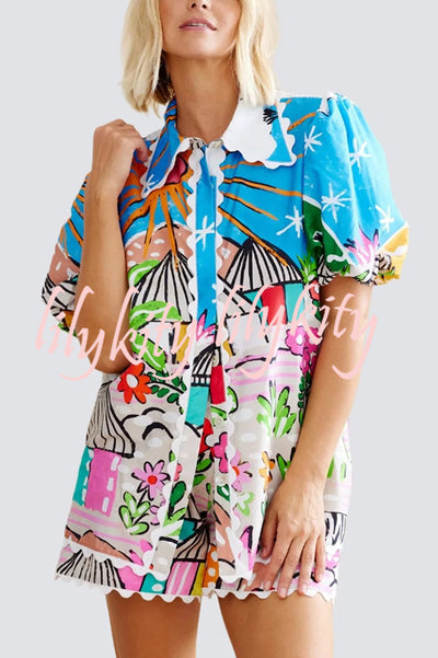 Unique Printed Wave Lace Puff Sleeve Loose Shirt and Elastic Waist Pocket Shorts Set