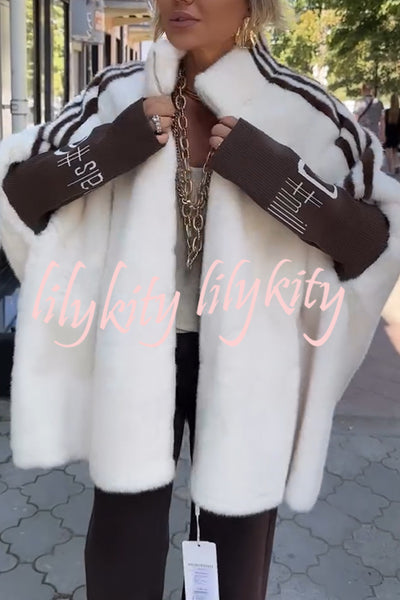 Fashion Sports Stripe Print and Ribbed Embroidered Long Sleeve Zipper Stand Nack Pocket Plush Coat
