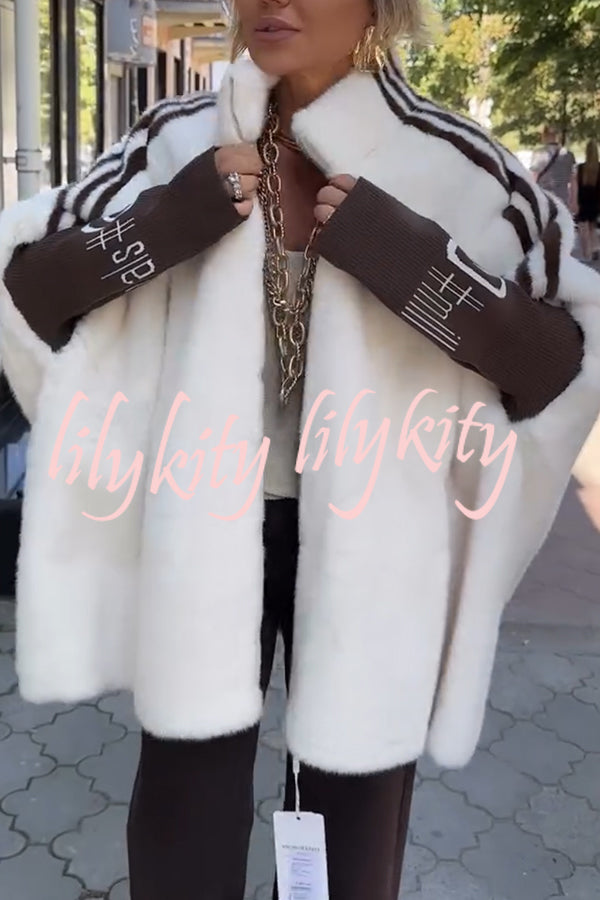 Fashion Sports Stripe Print and Ribbed Embroidered Long Sleeve Zipper Stand Nack Pocket Plush Coat
