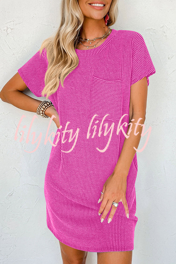 Casual Solid Color Striped Short-sleeved Pocket Mini Dress