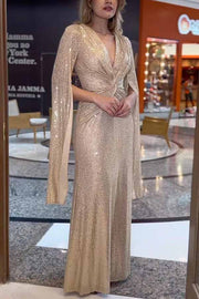 Shine Brighter Sequin Cape Sleeve Cross Waist Evening Maxi Dress