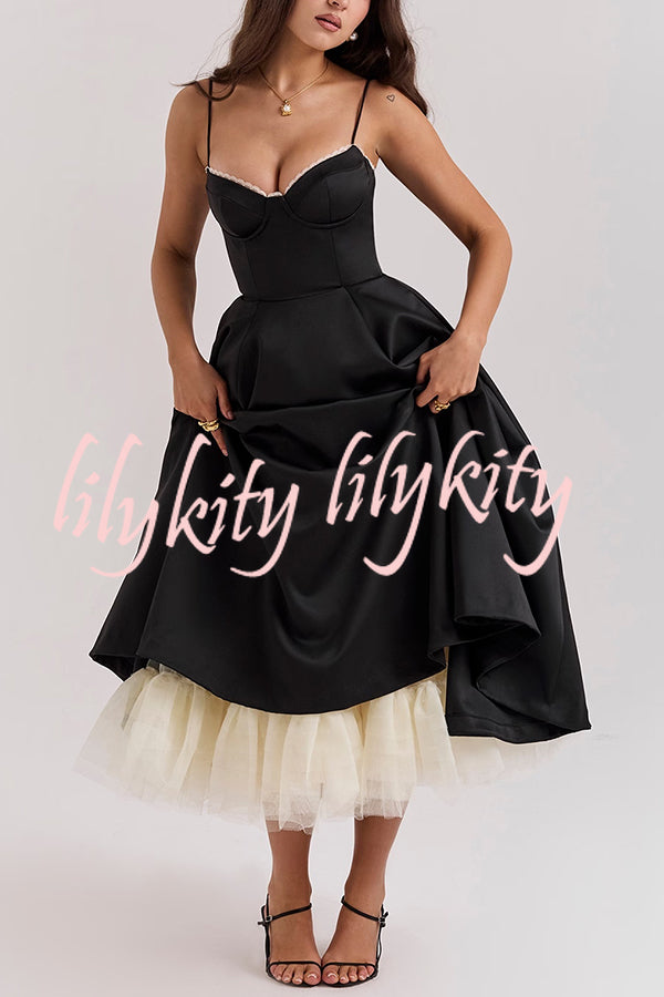 Fairytale Vibe Satin Patchwork Tulle Sweetheart Neck Pocket Stretch Midi Dress