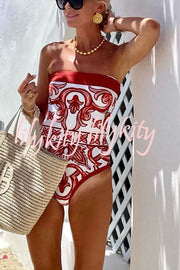 Summer Lovin Unique Royal Print Strapless One Piece Stretch Swimsuit and Pareo