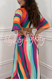 Wilma Unique Print Cutout Elastic Waist Tie-up Kimono Sleeve Maxi Dress