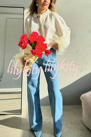 Solid Color Elegant Feather Long Sleeve Casual Knitted Cardigan