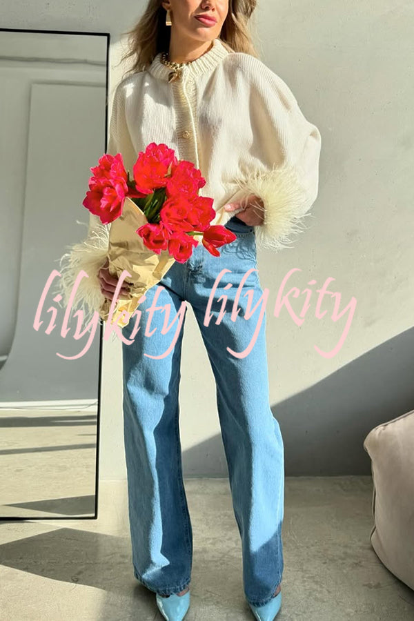 Solid Color Elegant Feather Long Sleeve Casual Knitted Cardigan