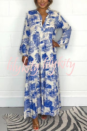 Botanical Print Casual V-neck Trumpet Sleeve Maxi Dress