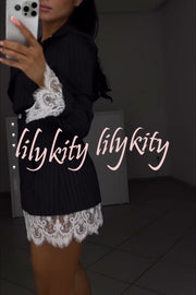 Merrin Striped Lace Trim Double-breasted Long Sleeve Lapel Blazer Mini Dress