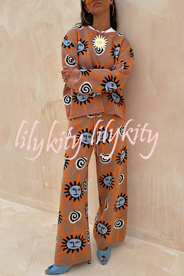 Mediterranean Art Knit Unique Sun Vortex Print Long Sleeve Relaxed Sweater