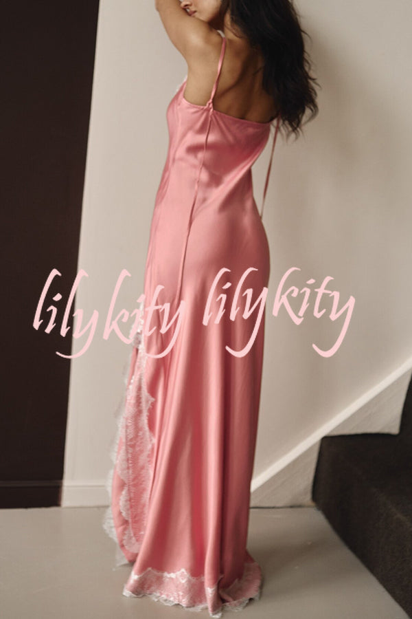 Breezy City Fall SatinLace Petal Trim Slip Tie-up H-line Slit Maxi Dress