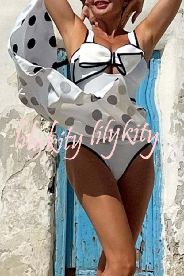 Bow Swimsuit and Elastic Waist Spotted One Piece Swimsuit + Skirt